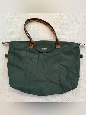 Delsey Paris Green Nylon Travel Tote Bag Brown Faux Leather Trim Large Shoulder